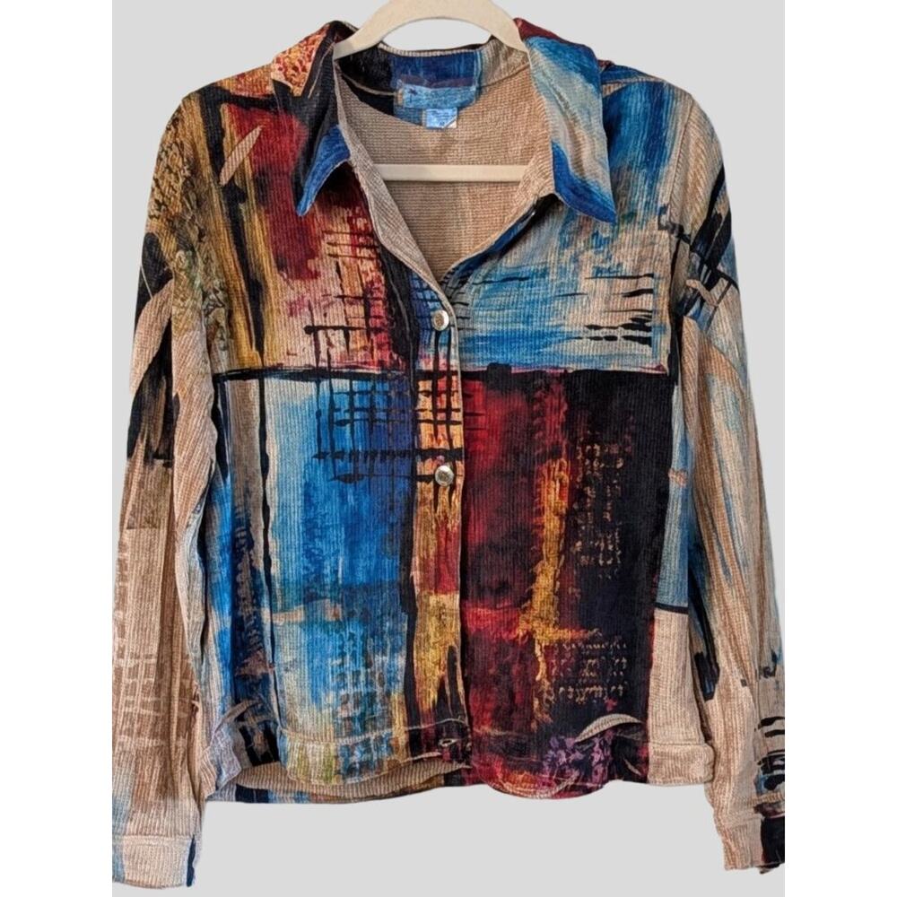 Abstract Art Print Textured Button Up Blouse M Artsy Lightweight Jacket